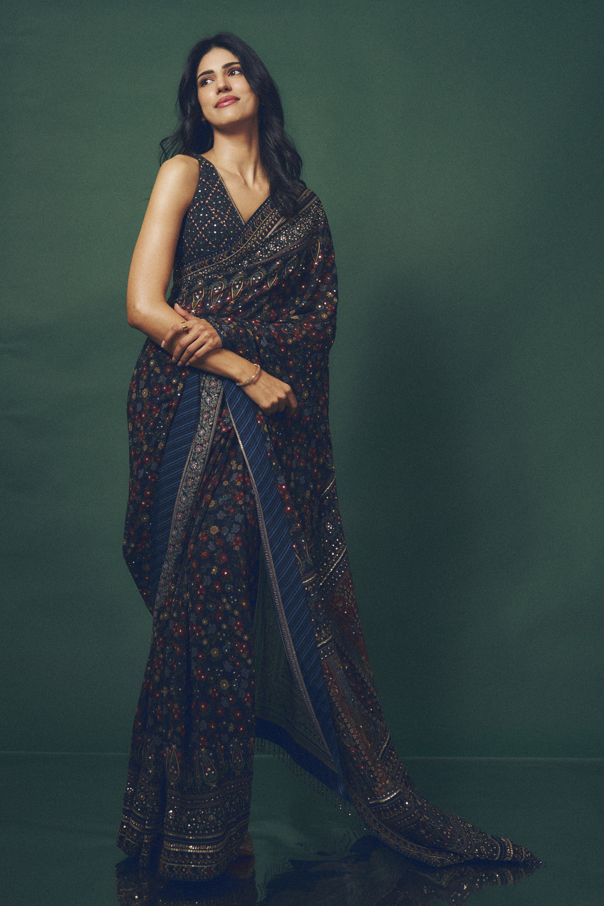 Amalaka Sequin Georgette Saree - Blue, , image 3